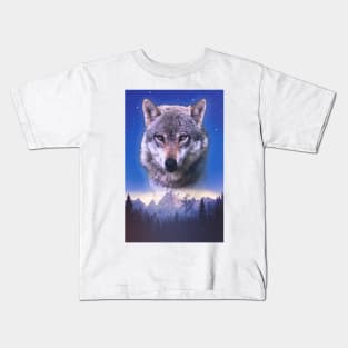 Cosmic Wolf Space Mountain Dog Wilderness Glowing Retro Vintage 80's Vibe Kids T-Shirt